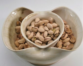 Handmade Ceramic Pistachio Bowl – Double Dish Nut Server (Cream)