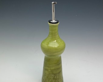 Olive Oil Bottle, Oil Dispenser Cruet, Wheel Thrown, Green, Handmade, In Stock, Ready to Ship