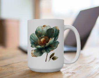 Floral Coffee Mug, Flower Lovers Mug, Botanical Flower Mug, Flower Lovers Gift, Green Flower Mug
