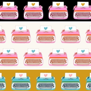 May include: A repeating pattern of vintage typewriters in pink, teal, and orange, each with a heart on the paper. The background alternates between black, cream, and gold. The typewriters have white keys and are arranged in neat rows.