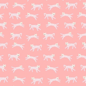 May include: A repeating pattern of white cheetahs with purple spots on a light pink background. The cheetahs are in various running poses, creating a playful and dynamic design. This pattern is suitable for fabric, wallpaper, or other decorative applications.