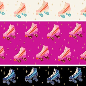 May include: A repeating pattern of retro roller skates in pink, blue, and white. The skates have white laces, orange stripes, and blue wheels. The background colors are cream, hot pink, and black, with gold star accents.