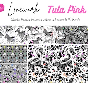 May include: A collection of fabric patterns featuring skunks, pandas, zebras, and lemurs. The patterns are in black, white, and gray with pops of color. The text "Linework Tula Pink" and "Skunks, Pandas, Peacocks, Zebras & Lemurs 5 PC Bundle" are visible.