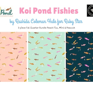 May include: A fabric bundle featuring three different patterns with a koi pond theme. The patterns include peach, mint, and peacock backgrounds, each covered with illustrations of fish in various colors. The text "Koi Pond Fishies" and designer information are also visible.