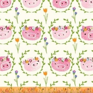 May include: A repeating pattern featuring pink pig faces adorned with floral crowns, surrounded by green leaf wreaths. Orange and purple flowers are interspersed on a cream background. The design is whimsical and suitable for various craft projects.