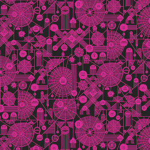 May include: A repeating pattern featuring a black background with a neon pink geometric design. The design includes spiderwebs, circles, and various abstract shapes with smiling faces and other whimsical elements.