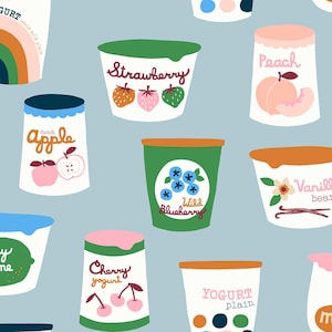 May include: A repeating pattern of yogurt containers with various flavors, including strawberry, peach, and vanilla bean. Each container has a different color lid and label, with the flavor names written on them. The background is a light blue color.