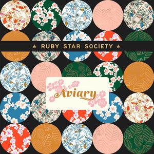 May include: A collection of circular fabric patterns in various colors, including white, pink, green, and orange, with floral and leaf designs. The text "RUBY STAR SOCIETY" and "Aviary" are also visible.
