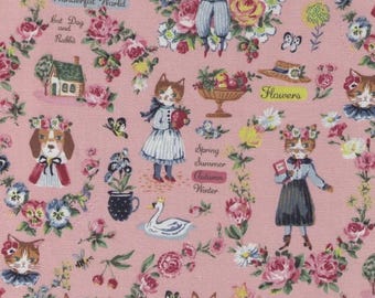May include: Pink fabric with a floral and animal print. The design features rabbits, cats, and dogs dressed in vintage clothing, surrounded by roses, pansies, and other flowers. Text includes "Wonderful World" and "The Garden."