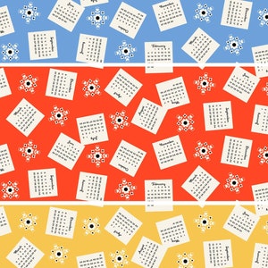 May include: A repeating pattern of calendar pages and floral designs on blue, red, and yellow backgrounds. The calendars display months like March, June, and December. The floral designs are white with black centers.