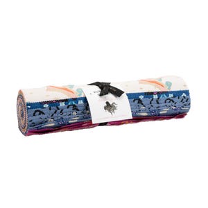 May include: Rolled fabric bundle featuring various patterns and colors, including rainbows, clouds, and sea creatures. The bundle is secured with a black ribbon and a tag with an octopus illustration and the text "Collaborative Collection."