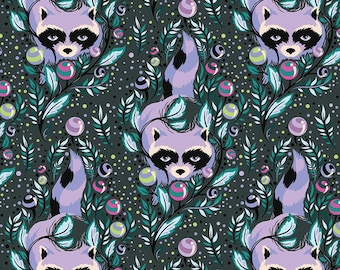 Tula Pink Acacia Raccoons in Blueberry for Free Spirit Fat Quarter or more OOP VHTF