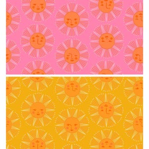 May include: Two panels of repeating patterns featuring smiling sun faces. One panel has a pink background, the other a yellow background. The suns have orange faces and radiating lines, creating a cheerful, whimsical design. The suns have closed eyes and a small smile.
