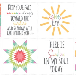 May include: A collage of colorful designs and inspirational quotes. Includes geometric patterns, sunbursts, and house illustrations. Text includes "Hello Sunshine", "Sunny Days", and "There is Sunshine in my Soul Today".