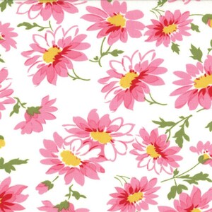 May include: A white fabric with a repeating pattern of pink daisies with yellow centers. Green stems and leaves are interspersed among the flowers, creating a cheerful and floral design. The daisies are in various stages of bloom.