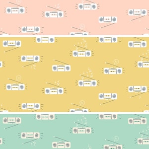 May include: A repeating pattern of white boomboxes with antennas and musical notes on pink, yellow, and teal backgrounds. The boomboxes have a retro design with speakers and control buttons.