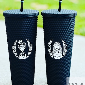 Corpse Bride Inspired Tumbler | Victor and Emily Cup | Studded Tumbler with Straw & Lid | Matte Black Tumbler | Starbucks Inspired Tumbler