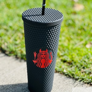 Devil Starbucks Inspired Tumbler | Halloween Tumbler | Devil Logo Studded Tumbler with Straw and Lid | Travel Cup | Matte-Iridescent