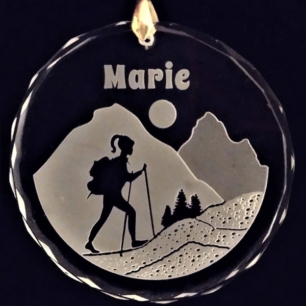 Female Hiker Ornament - Personalized  - Optical Crystal - Deeply sandblasted - Christmas Ornament - Suncatcher - Mountain Hiker - Adventure