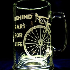 Etched Glass Bicycle Mug -  Behind Bars for Life