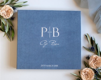 Dusty Blue Wedding Guest Book With Matte Silver Lettering, Photo Guest Book