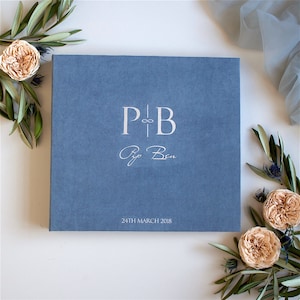 Dusty Blue Wedding Guest Book With Matte Silver Lettering, Photo Guest Book