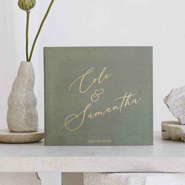 Album de mariage vert olive avec lettrage en feuille d’or, livre d’or photo personnalisé, livre de mariage Instax, album de cabine photo