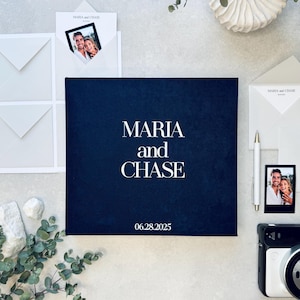 Gepersonaliseerde bruiloftsgastenboek met enveloppen voor Instax en Polaroid®-foto's met kaarten met wensen en adviezen, gepersonaliseerd gastenboek met trouwfoto