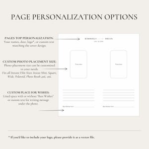 May include: A white page with the text "PAGE PERSONALIZATION OPTIONS." The page includes sections for names, photo placement, and wishes. It also lists instant film sizes: Instax Mini, Square, Wide, Polaroid, and Photo Booth 4x6, 2x6.