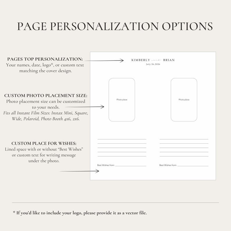 May include: A white page with the text "PAGE PERSONALIZATION OPTIONS." The page includes sections for names, photo placement, and wishes. It also lists instant film sizes: Instax Mini, Square, Wide, Polaroid, and Photo Booth 4x6, 2x6.
