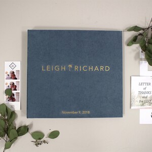 Dusty Blue Wedding Album With Palm and Foil Gold Lettering, Instax Picture Album, Personalized Photo Guest Book, Instax Wedding Book