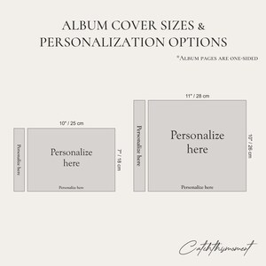 May include: Image showing album cover sizes and personalization options. Two album layouts are displayed, one 10" x 7" and the other 11" x 10". Each layout includes the text "Personalize here". The text "Album pages are one-sided" is also included.