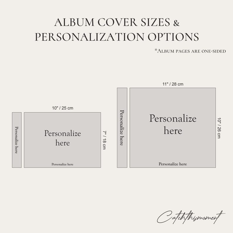 May include: Image showing album cover sizes and personalization options. Two album layouts are displayed, one 10" x 7" and the other 11" x 10". Each layout includes the text "Personalize here". The text "Album pages are one-sided" is also included.