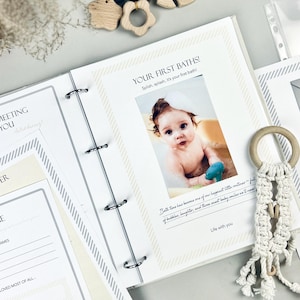 Inside pages of a handmade baby memory book designed to capture milestones and photo memories. Each page features dedicated spaces for firsts like smiles, steps, birthdays, and family moments. With its soft, minimal layout, parents can easily add, remove, or rearrange pages as their baby grows. Thoughtfully designed with photo areas and prompts for notes, this keepsake helps preserve every special moment from birth through the early years in a beautifully organized way.
