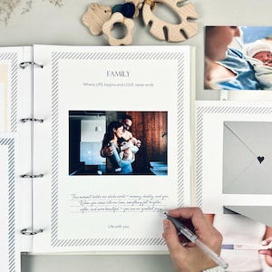 Inside pages of a handmade baby memory book designed to capture milestones and photo memories. Each page features dedicated spaces for firsts like smiles, steps, birthdays, and family moments. With its soft, minimal layout, parents can easily add, remove, or rearrange pages as their baby grows. Thoughtfully designed with photo areas and prompts for notes, this keepsake helps preserve every special moment from birth through the early years in a beautifully organized way.