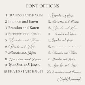 Font options chart showing 20 different text styles ranging from modern serif and sans serif to elegant cursive and calligraphy fonts you can choose from.