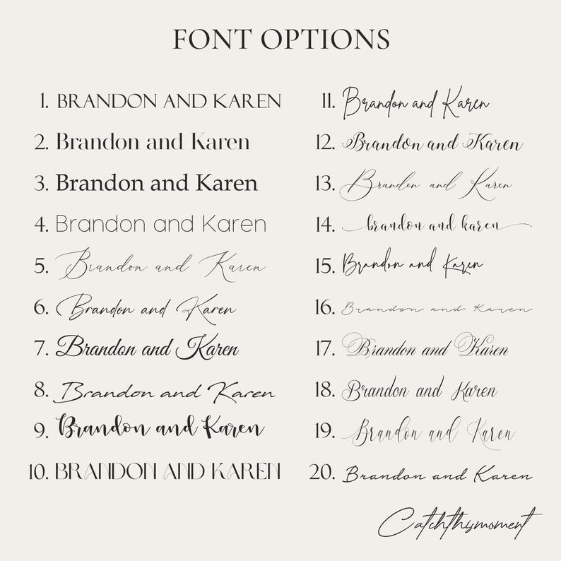 Font options chart showing 20 different text styles ranging from modern serif and sans serif to elegant cursive and calligraphy fonts you can choose from.