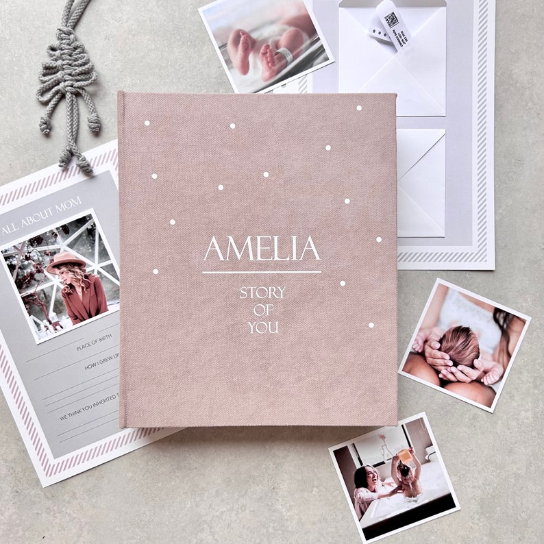 A handmade Dusty Pink color Baby Memory Binder with elegant White lettering on the cover. A beautifully designed keepsake to document your little one’s journey from birth to five years. Inside, you’ll find customizable pages for milestones, firsts, family memories, and photos — with space for notes and keepsakes too. Refillable and thoughtfully crafted, this baby binder helps parents cherish and organize memories — a timeless, heartfelt gift and family treasure.