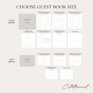 May include: A guest book size selection guide with options for 11x10 inch (28x26 cm) and 10x7 inch (25x18 cm) books. Layout choices include horizontal, vertical, and photobooth pages, with options for 1 or 2 photos per page. The text reads "Choose Guest Book Size."