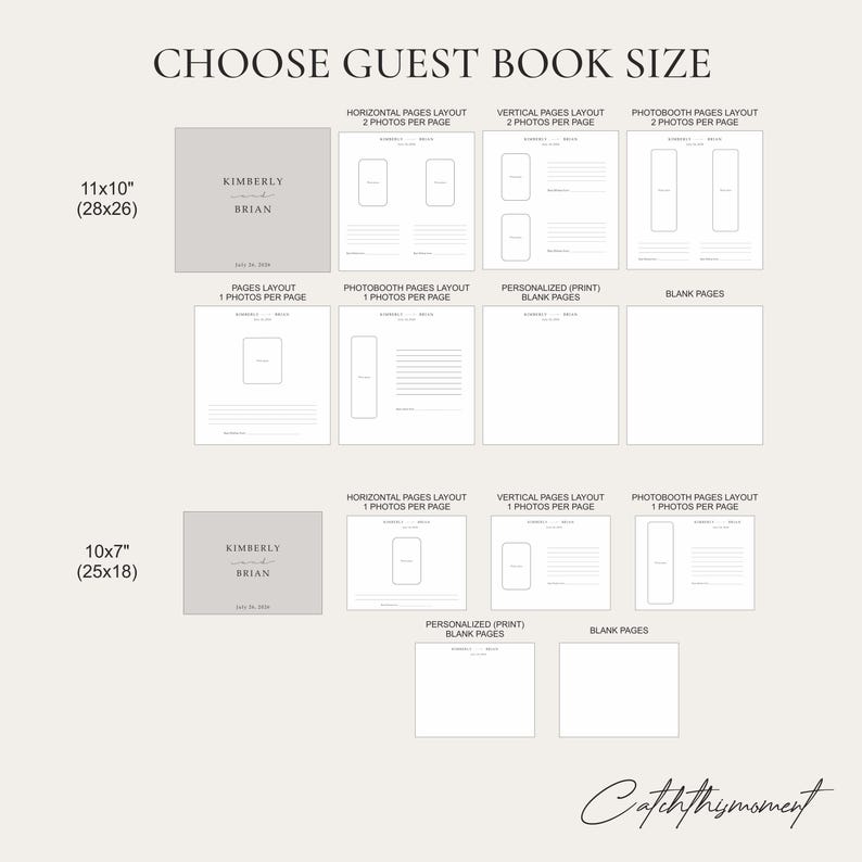 May include: A guest book size selection guide with options for 11x10 inch (28x26 cm) and 10x7 inch (25x18 cm) books. Layout choices include horizontal, vertical, and photobooth pages, with options for 1 or 2 photos per page. The text reads "Choose Guest Book Size."