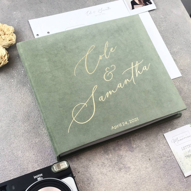 Wedding Album Olive Green With Foil Gold Lettering, Personalized Photo Guest Book, Instax Wedding Book, Photo Booth Album image 2