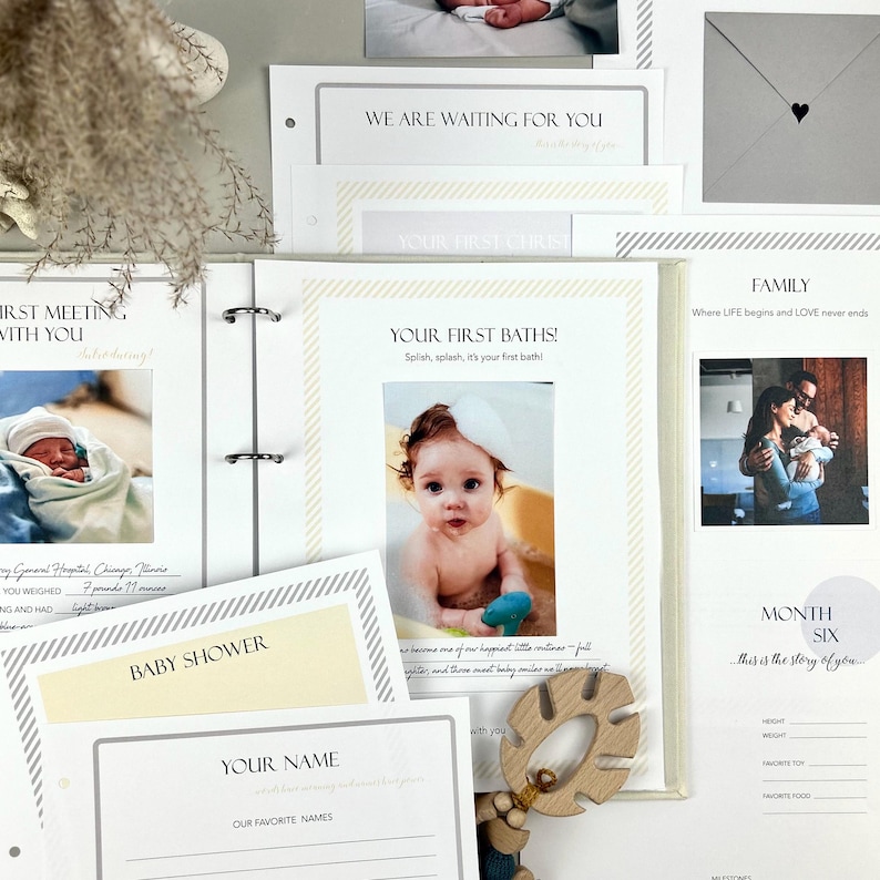 Inside pages of a handmade baby memory book designed to capture milestones and photo memories. Each page features dedicated spaces for firsts like smiles, steps, birthdays, and family moments. With its soft, minimal layout, parents can easily add, remove, or rearrange pages as their baby grows. Thoughtfully designed with photo areas and prompts for notes, this keepsake helps preserve every special moment from birth through the early years in a beautifully organized way.
