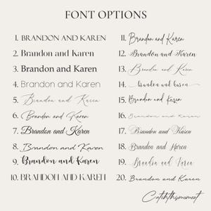 Wedding planner font style display showing elegant and modern typography options for personalized covers. Includes custom names, wedding dates, or quotes in a variety of script, serif, and minimalist fonts with foil, matte, or glitter finishes. Perfect for creating a timeless and elegant custom wedding planner binder that reflects each couple’s unique style — beautifully handcrafted for lasting memories.