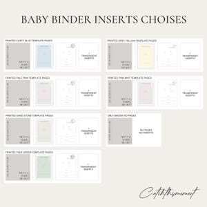 Inside pages of a handmade baby memory book binder featuring customizable printed colors to match your style. You can choose only binder no pages, or printed pages in soft pastel and neutral tones such as dusty blue, pale pink, sand stone, fade green, grey yellow and pink mint.
