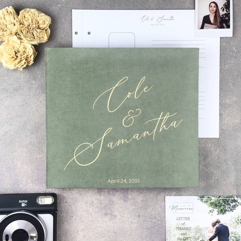 Wedding Album Olive Green With Foil Gold Lettering, Personalized Photo Guest Book, Instax Wedding Book, Photo Booth Album 