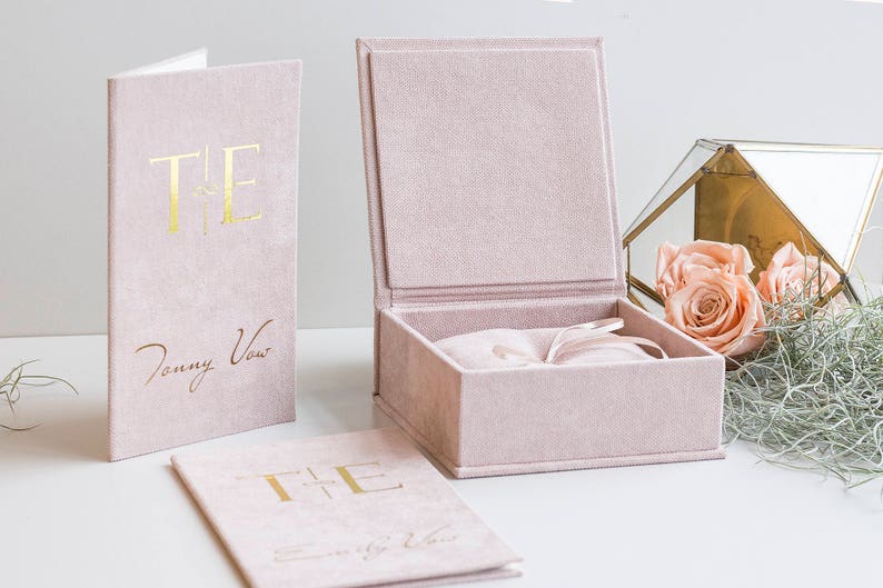 I do wedding Blush pink personalised wedding ring box with wedding vow books and wedding ring pillow Box for wedding ring Custom ring box