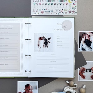 Inside pages of a handmade baby memory book binder created for capturing milestones and photo memories. Each page includes space for firsts like smiles, steps, birthdays, and family moments. The soft, minimal design allows parents to easily add, remove, and rearrange pages as their baby grows. Designed with photo areas and prompts for notes, this keepsake binder helps preserve every special moment from birth through the early years in a beautiful, organized way.