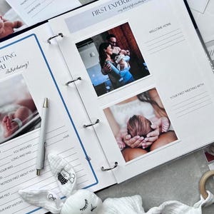 Inside pages of a handmade baby memory book binder created for capturing milestones and photo memories. Each page includes space for firsts like smiles, steps, birthdays, and family moments. The soft, minimal design allows parents to easily add, remove, and rearrange pages as their baby grows. Designed with photo areas and prompts for notes, this keepsake binder helps preserve every special moment from birth through the early years in a beautiful, organized way.