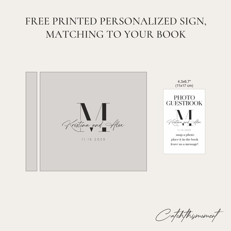 May include: A light gray wedding guest book with the names "Kristina and Alex" and the date "11.15.2025" printed on it. A smaller sign, 4.3x6.7 inches, reads "Photo Guestbook" with the same names and date, and instructions.