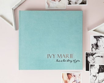 Personalized Baby Gift, Mint Sea Blue Book With Foil Rose Gold Name, Baby Album For A Girl, Baby First Year Journal, Modern Baby Book